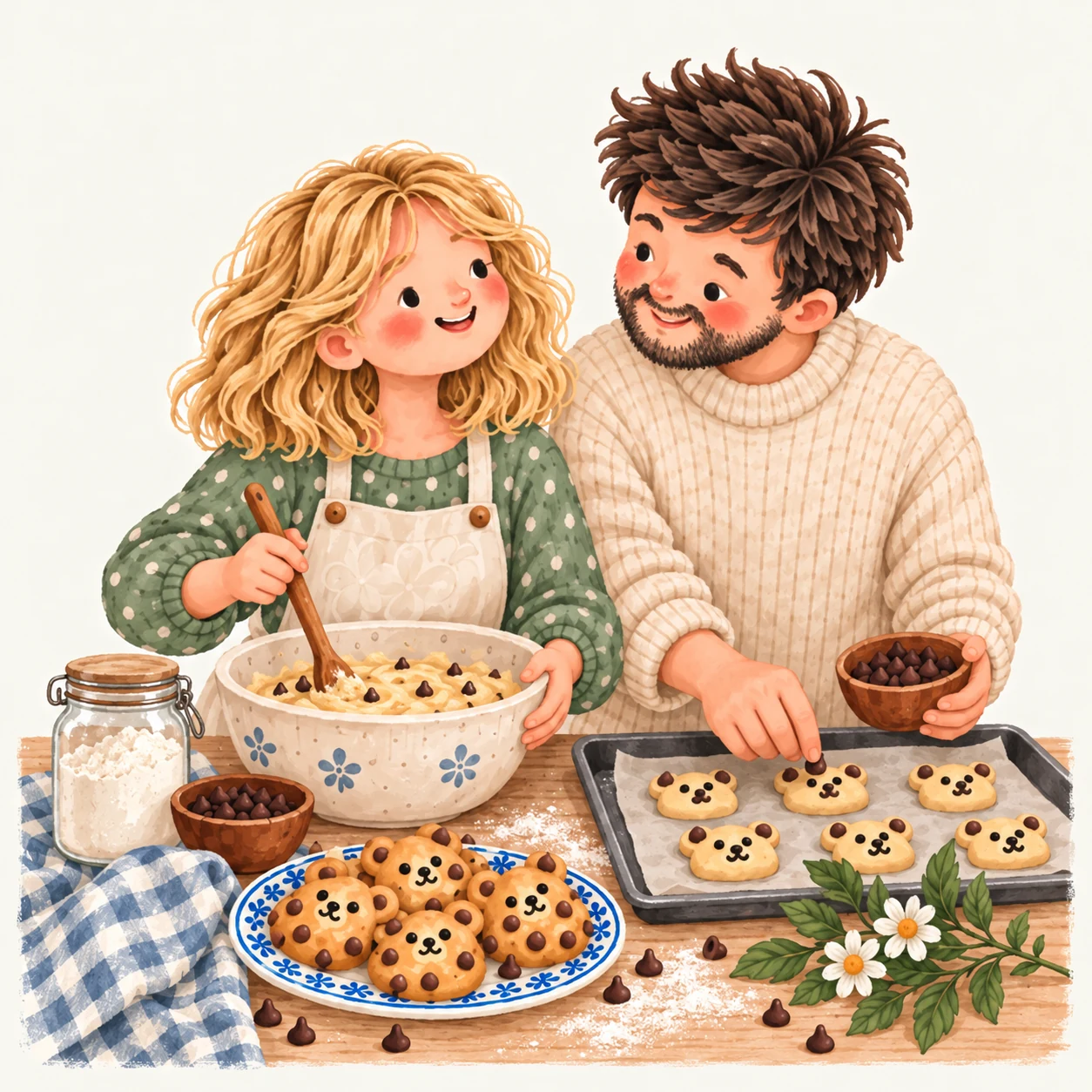 Aure and Killian cooking together, illustrated in our media kit style