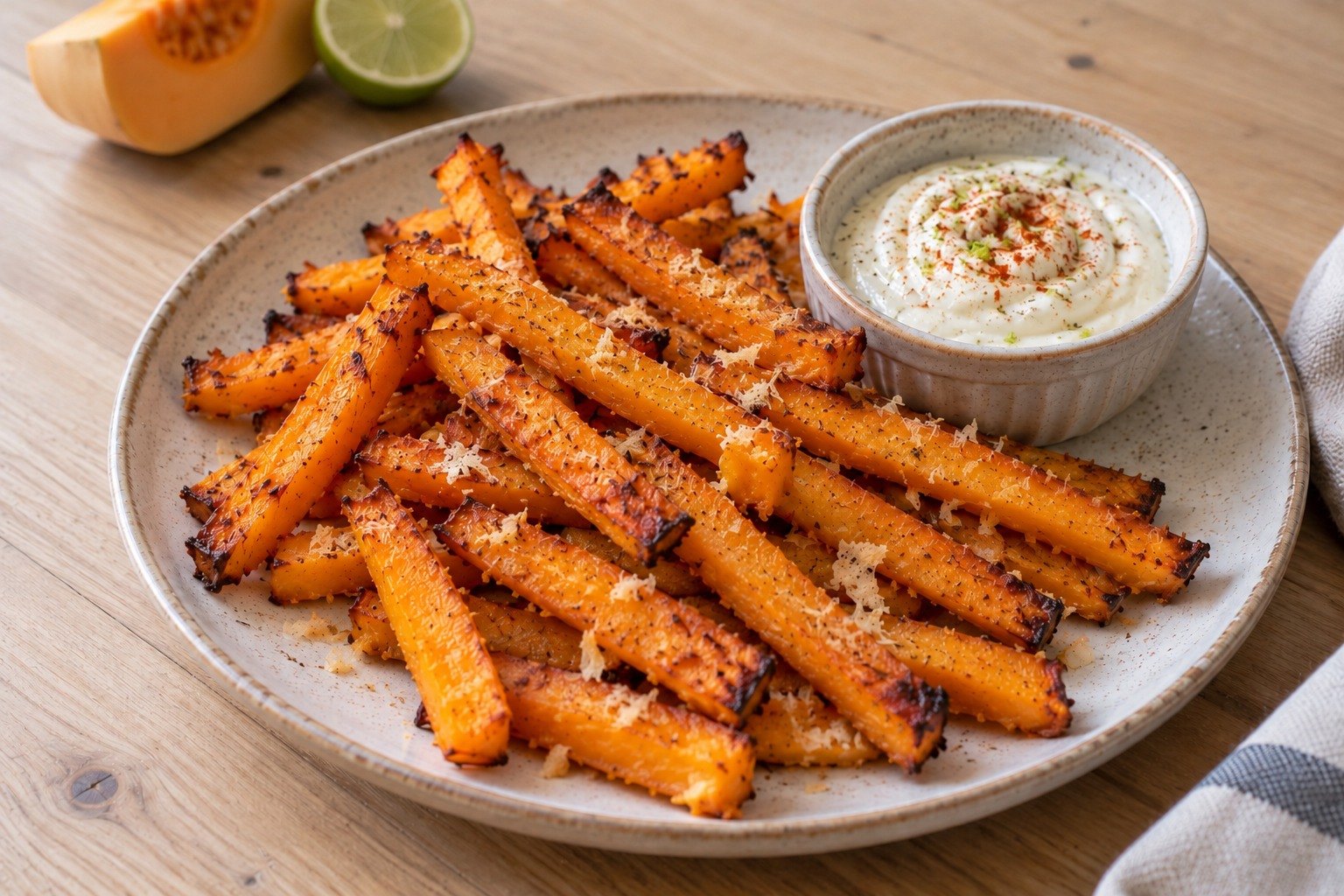 Parmesan butternut fries with lime dip