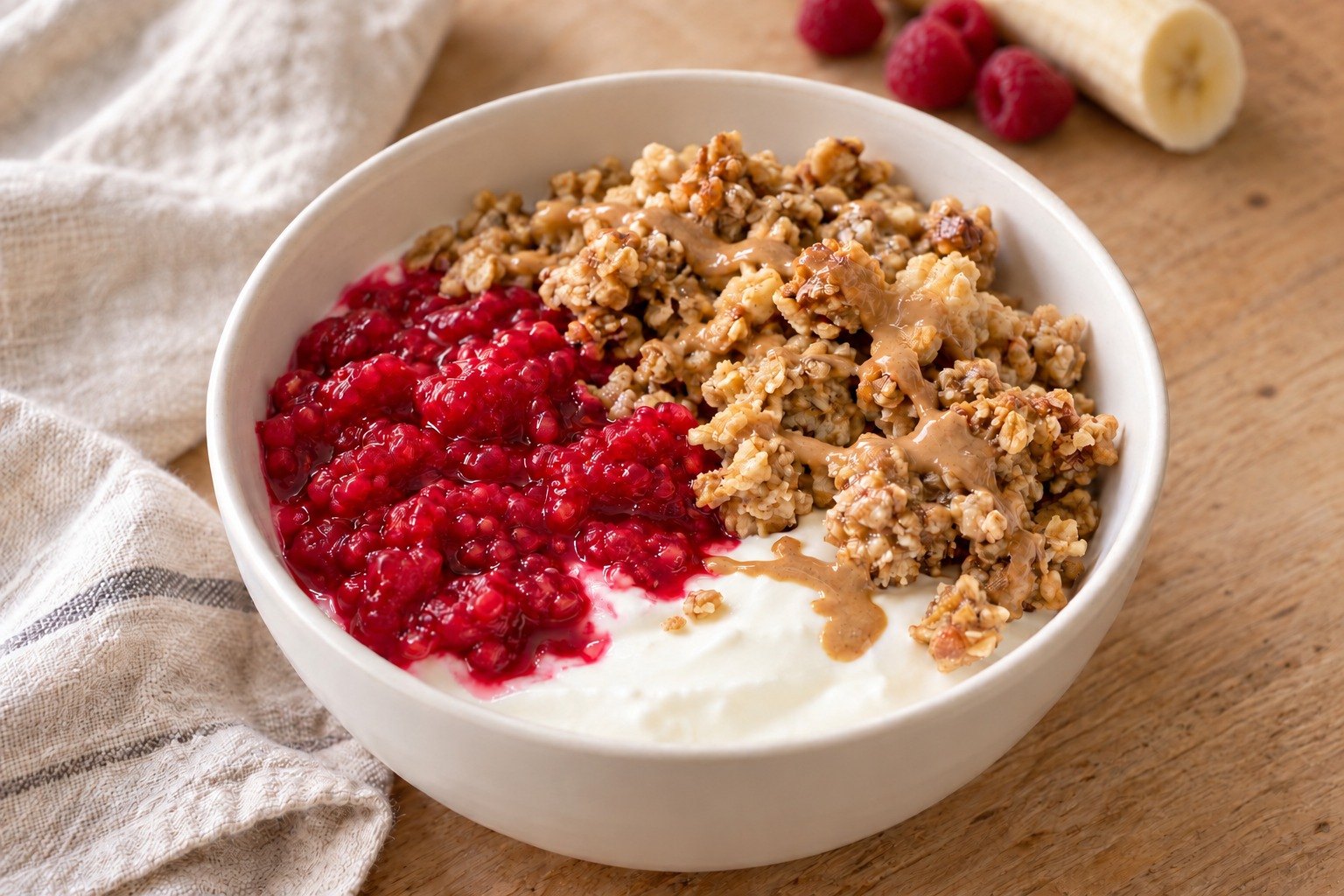 Pan-cooked banana granola with raspberries