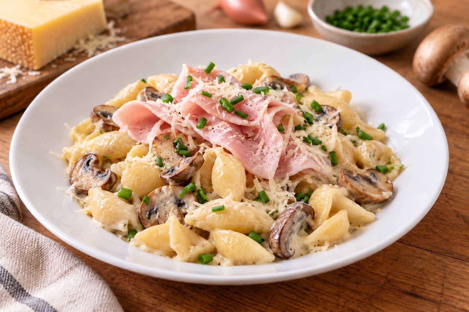 Creamy mushroom pasta with comté and ham