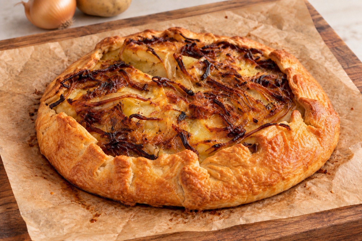 Potato, caramelised onion and cheddar galette