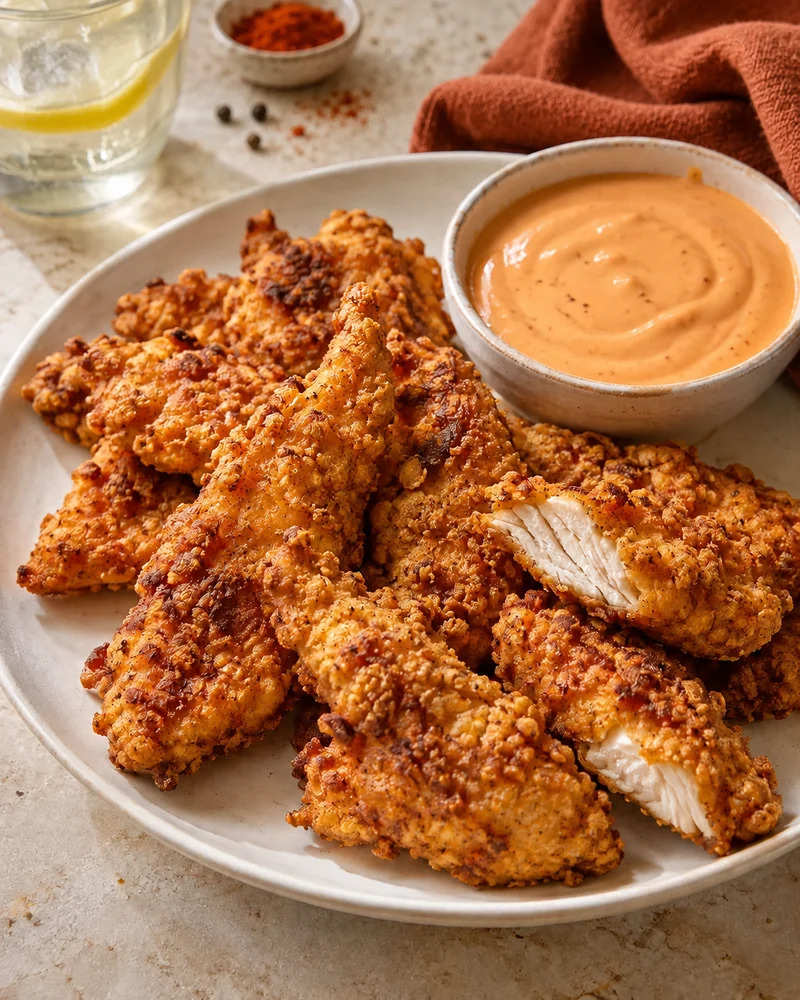 Crispy chicken tenders with samurai sauce
