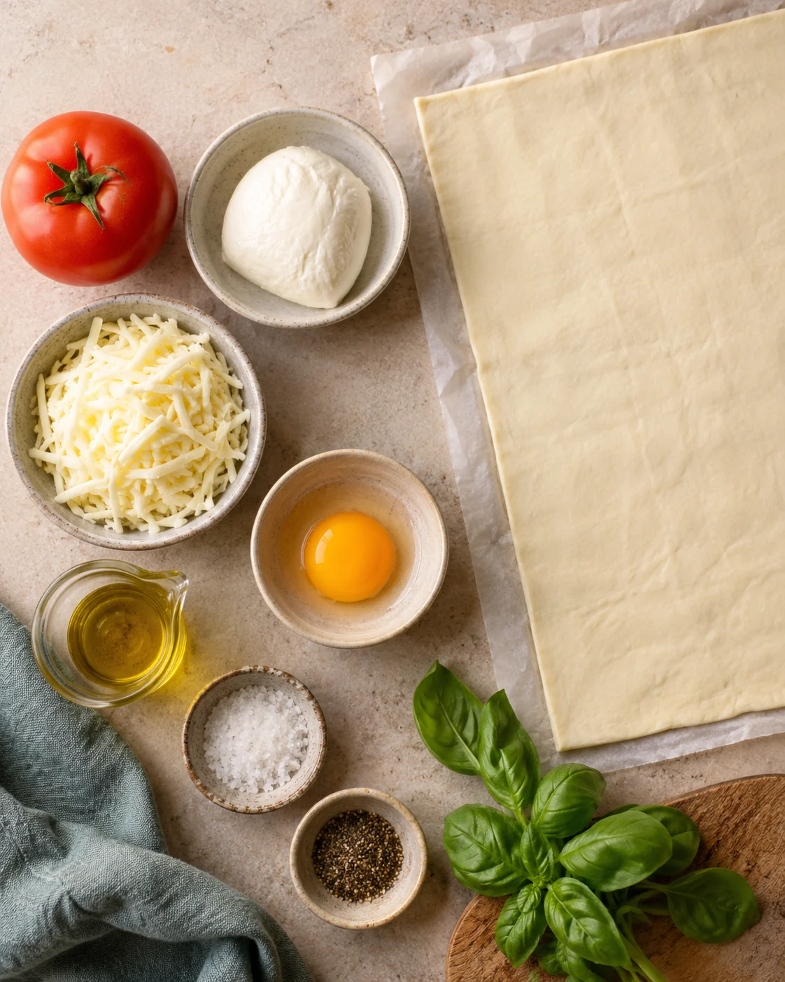 Ingredients for Tomato and mozzarella puff pastries