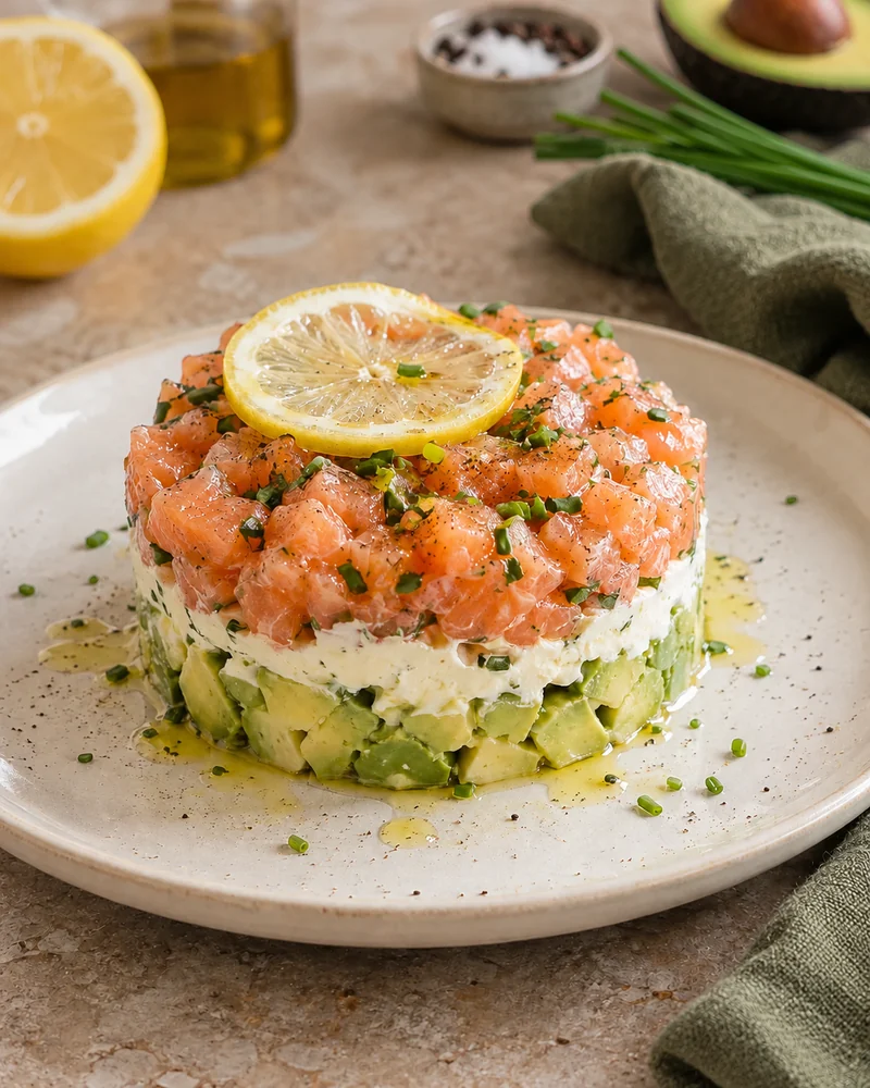 Salmon and avocado tartare with cream cheese