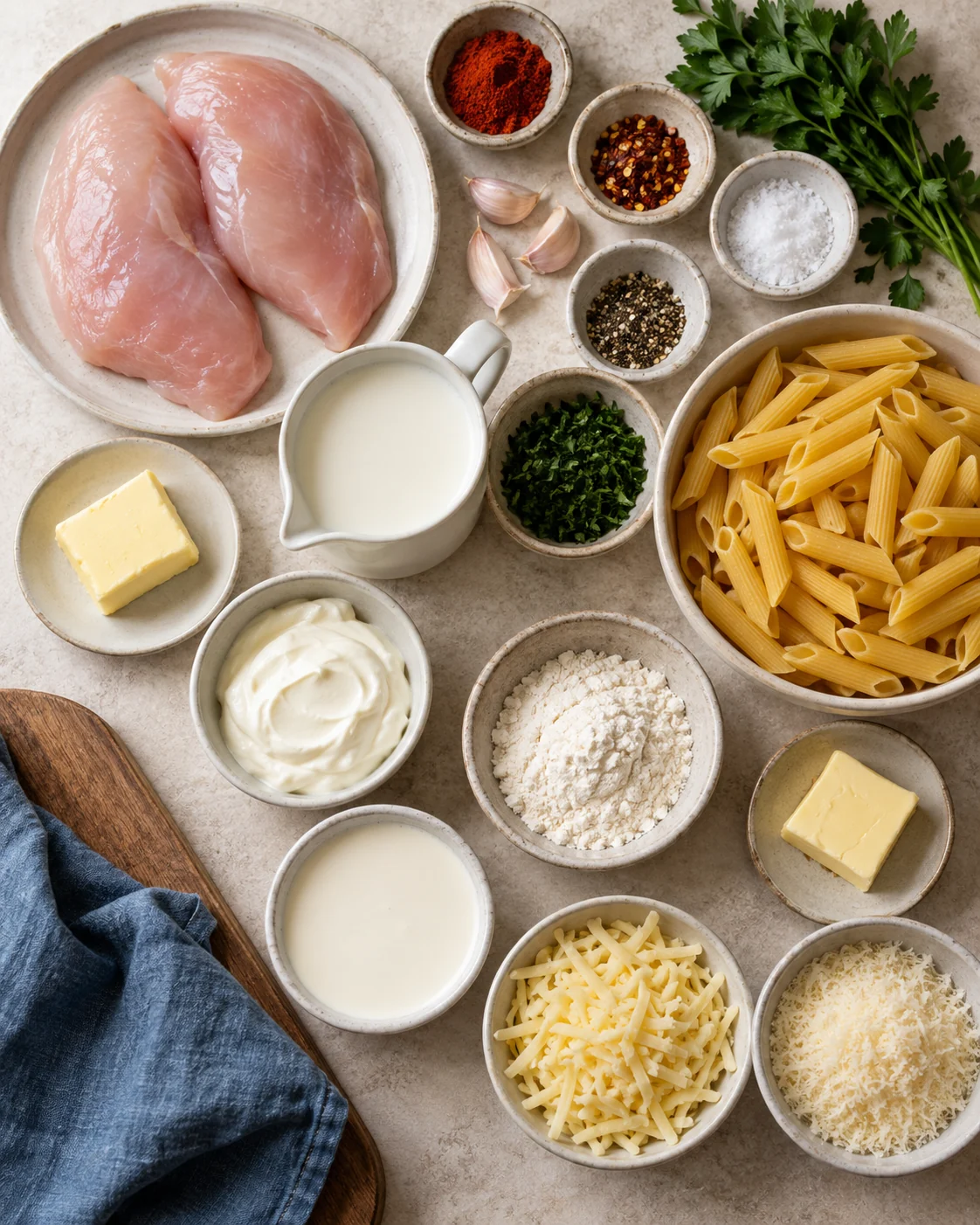 Ingredients for Creamy chicken Alfredo pasta
