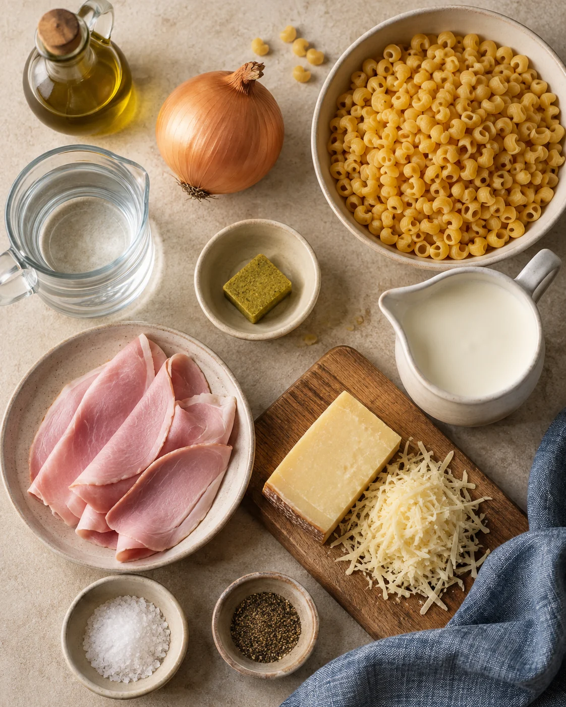 Ingredients for Risotto-style pasta with ham and Comté
