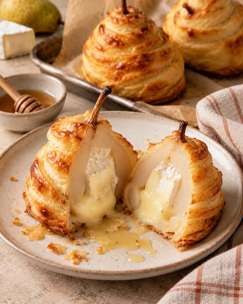 Brie-filled pears in puff pastry