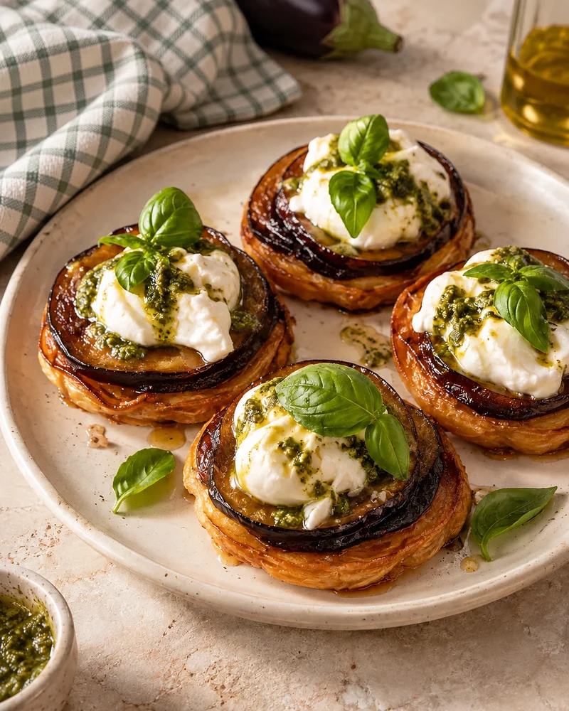 Mini aubergine, pesto and burrata tatins