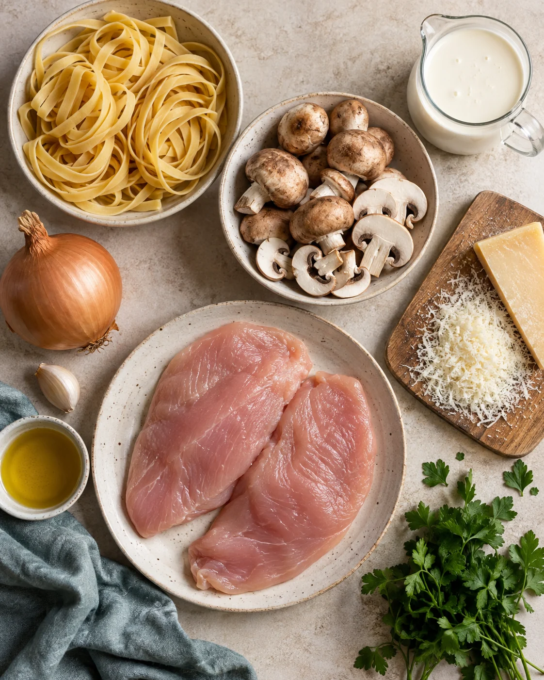 Ingredients for Turkey and mushroom Alfredo pasta
