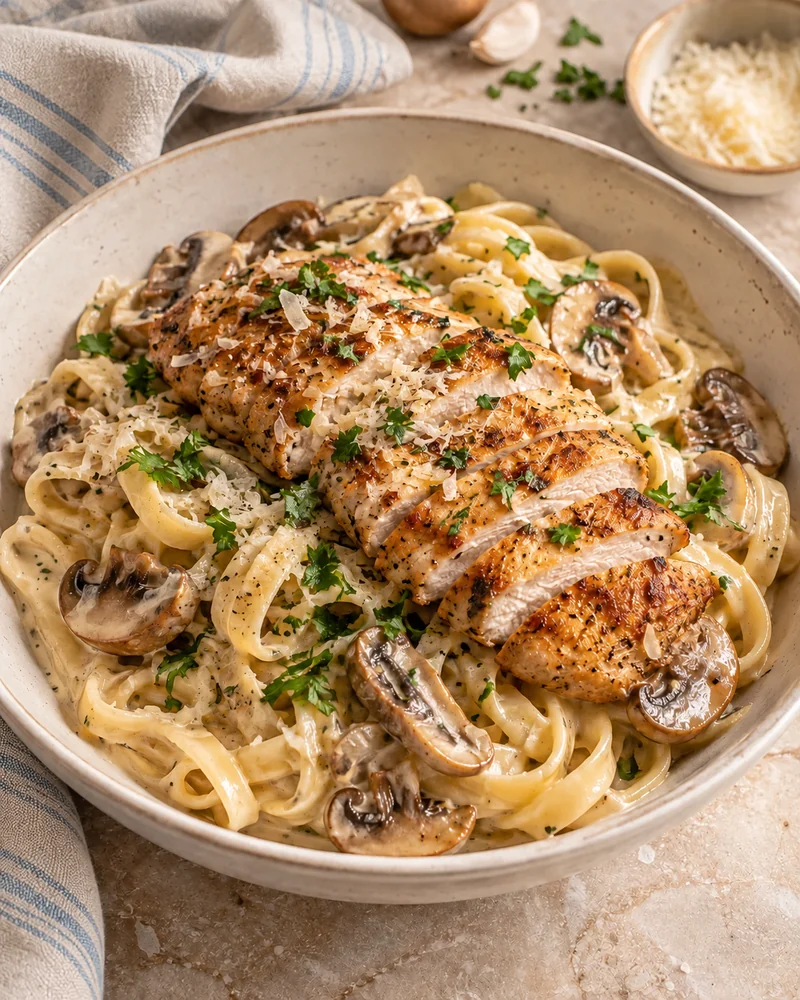 Turkey and mushroom Alfredo pasta