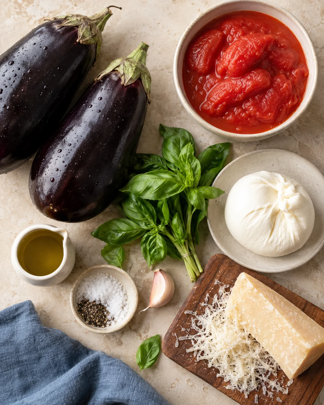 Ingredients for Roasted aubergines with tomato and burrata