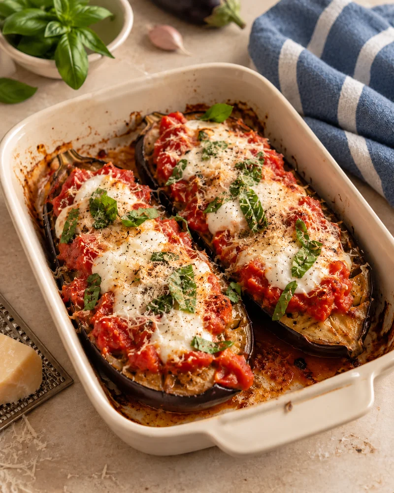 Roasted aubergines with tomato and burrata