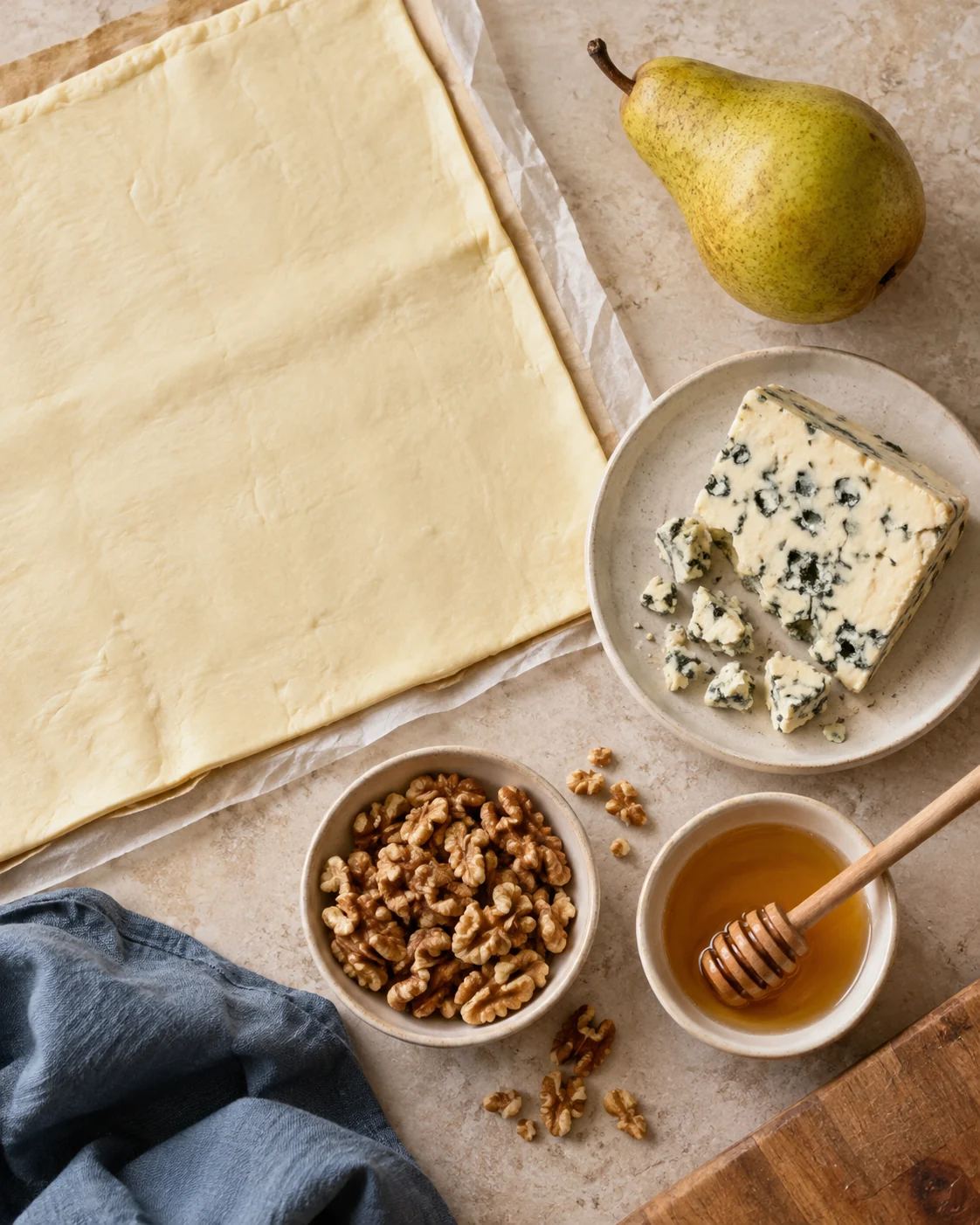 Ingredients for Pear, walnut and Roquefort pastry croissants