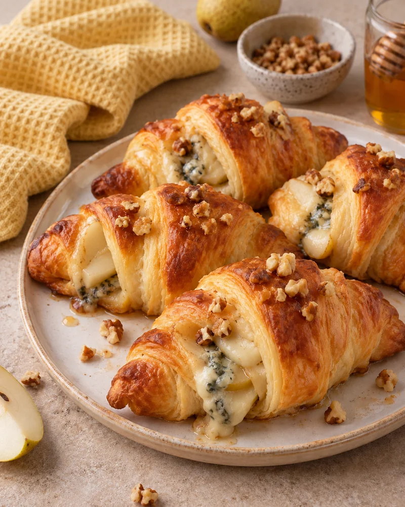 Pear, walnut and Roquefort pastry croissants