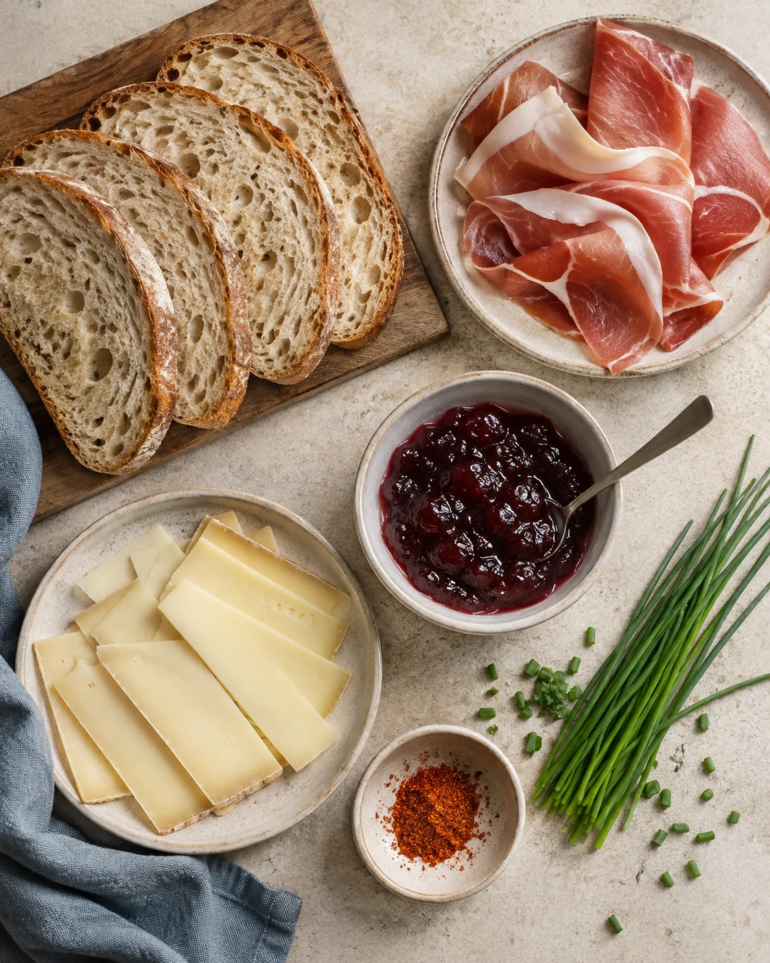 Ingredients for Basque-style ham and cheese toastie