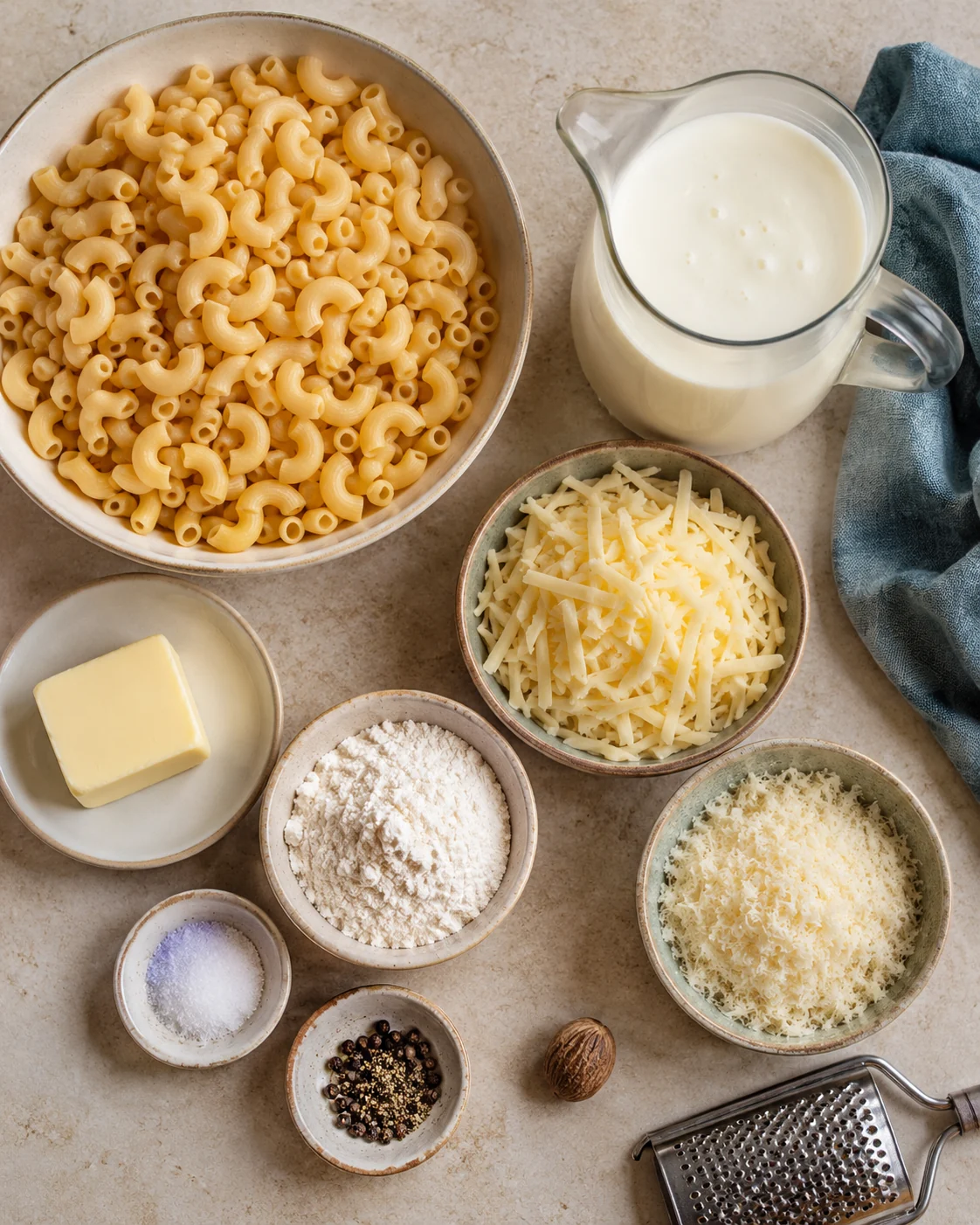 Ingredients for Comté and parmesan macaroni bake