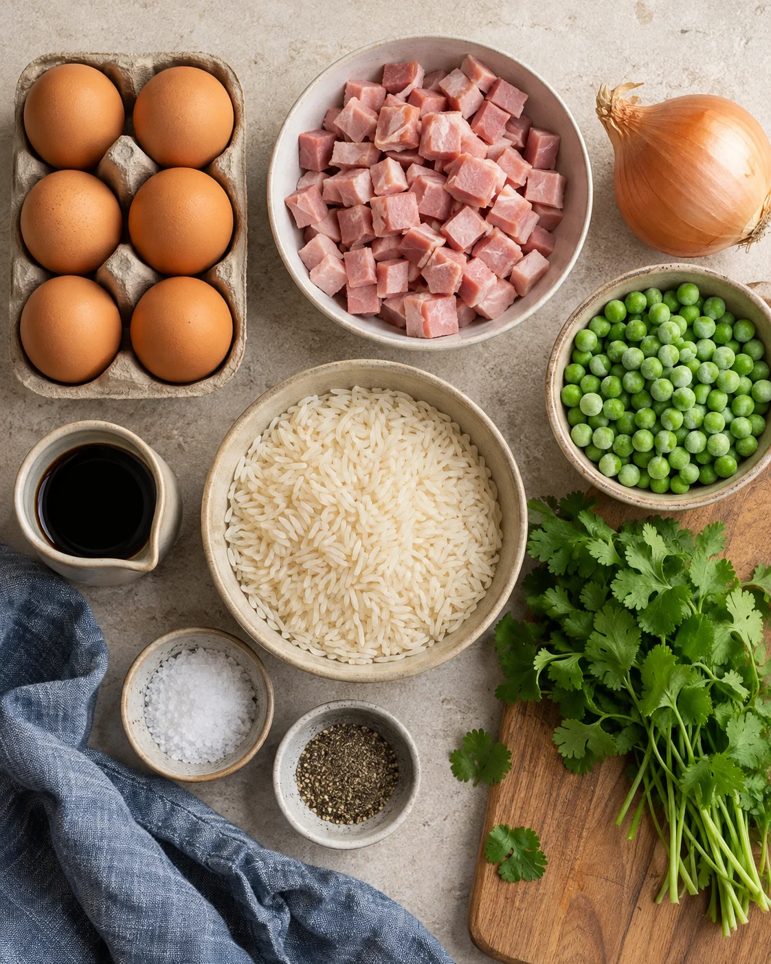 Ingredients for Quick egg fried rice with ham