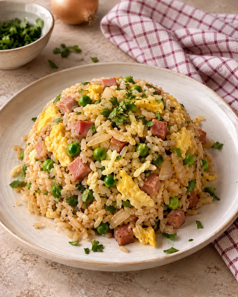 Quick egg fried rice with ham
