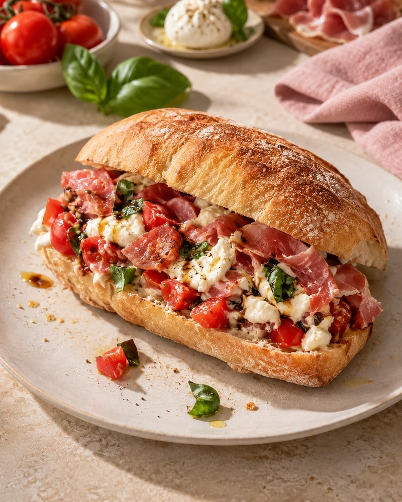 Chopped burrata and ham sandwich