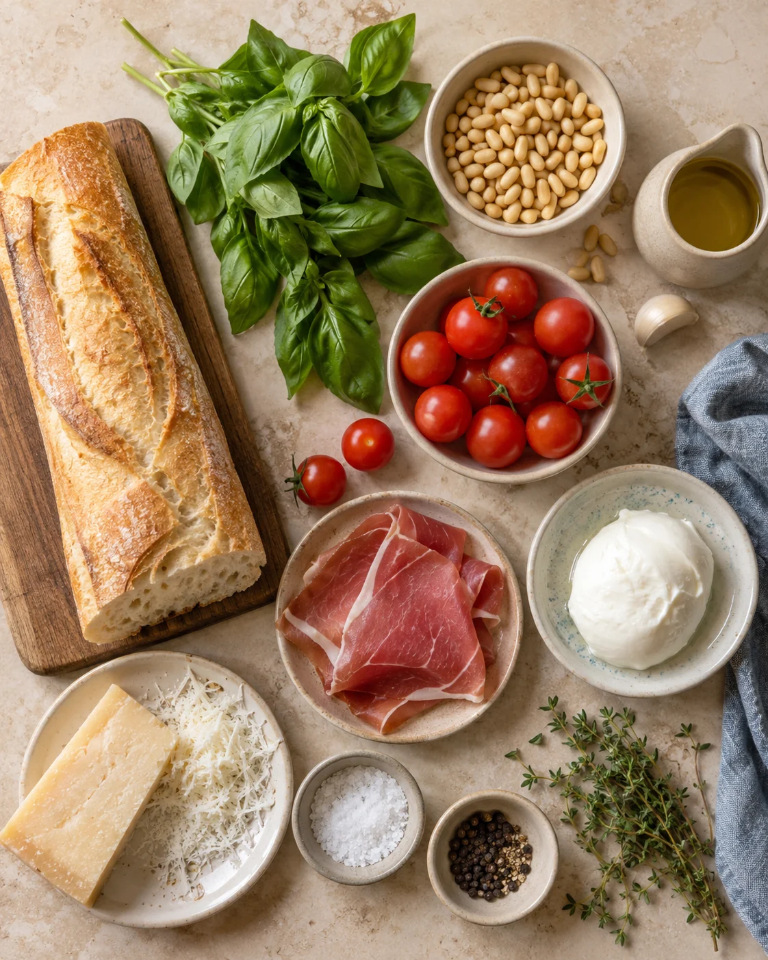 Ingredients for Pesto and roasted tomato baguette