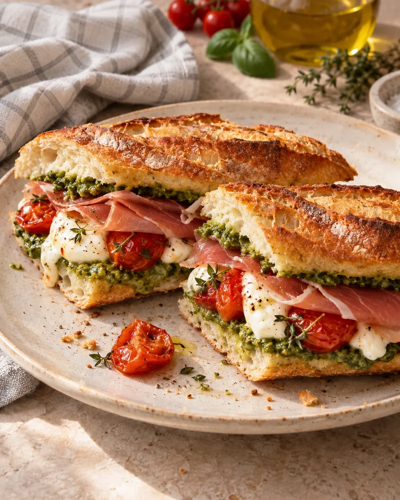 Pesto and roasted tomato baguette