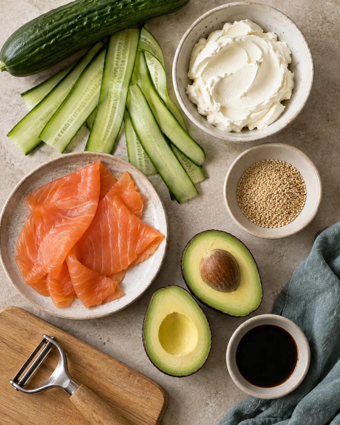 Ingredients for Cucumber, salmon and avocado rolls