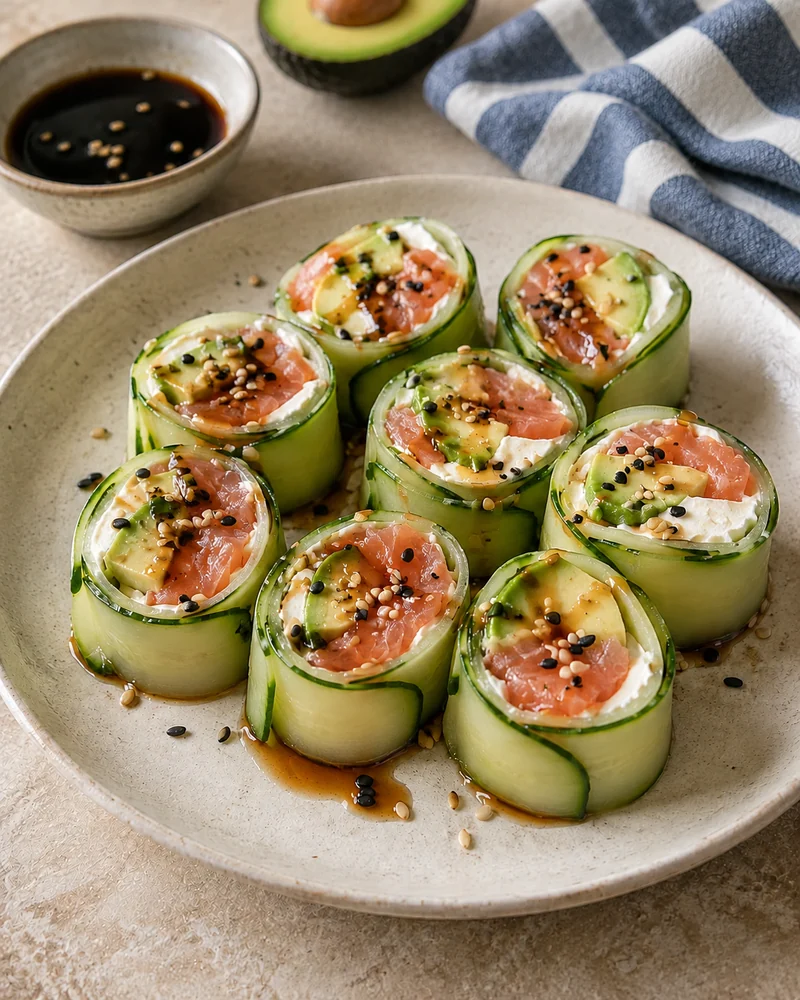 Cucumber, salmon and avocado rolls